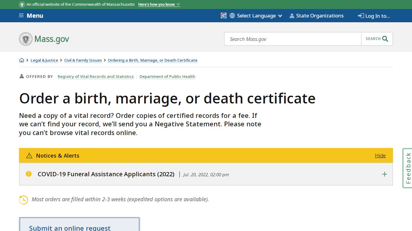 Order a birth, marriage, or death certificate | Mass.gov